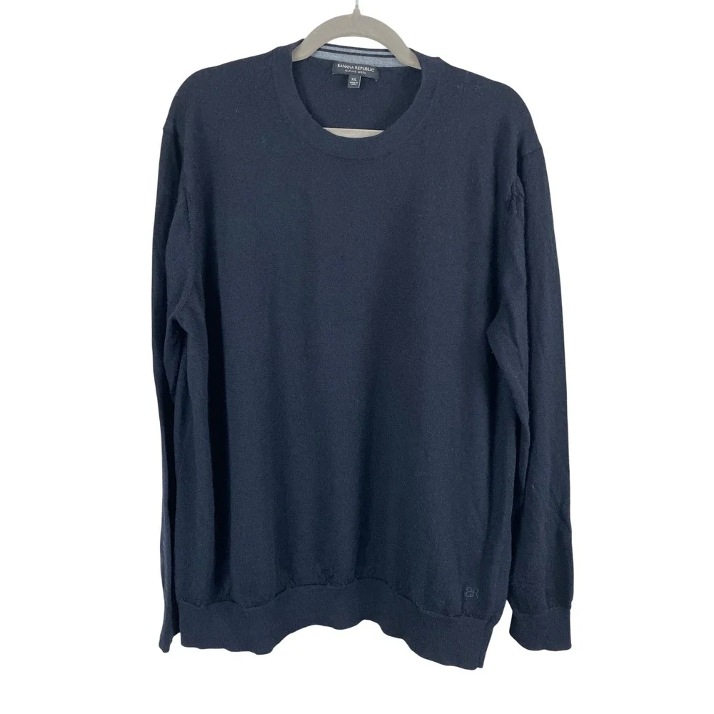 Banana Republic Mens XXL Navy Blue 100% Merino Wool Crew Neck Sweater RN137013